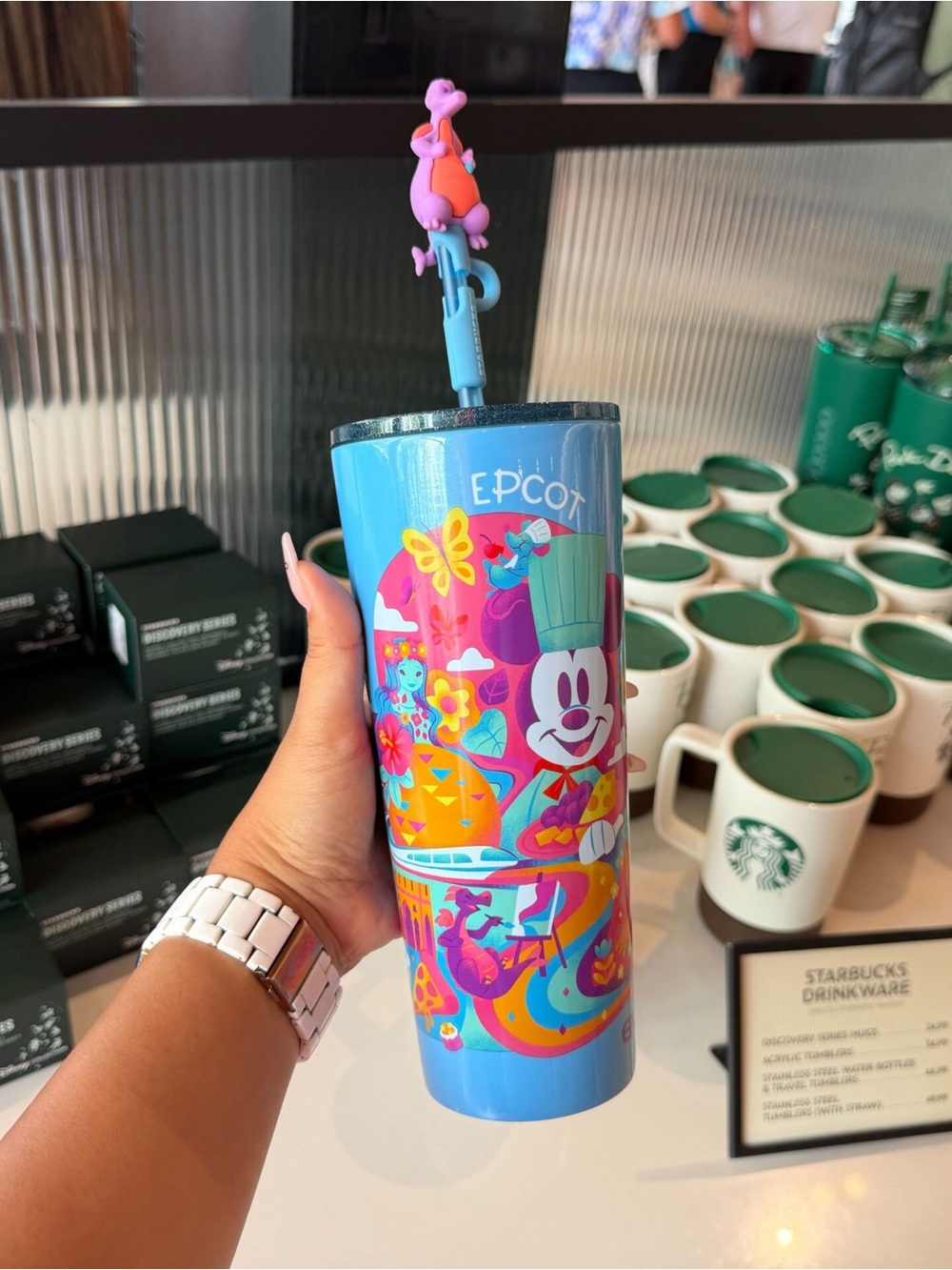 EPCOT Colorful Mickey & Attractions Tumbler Cup and straw topper figment- Blue